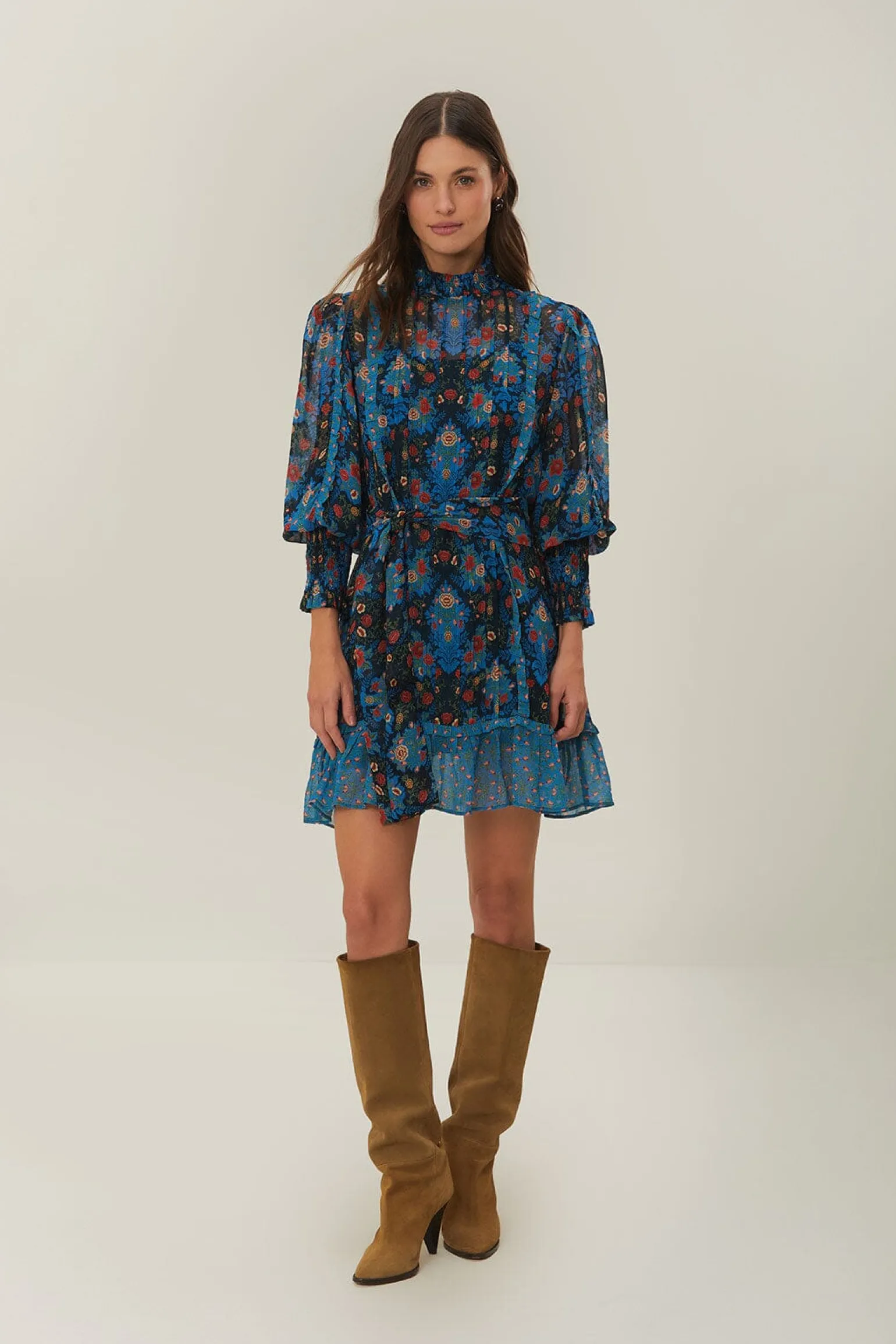 Arabesque Floral Blue High Neck Mini Dress
