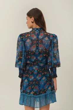 Arabesque Floral Blue High Neck Mini Dress