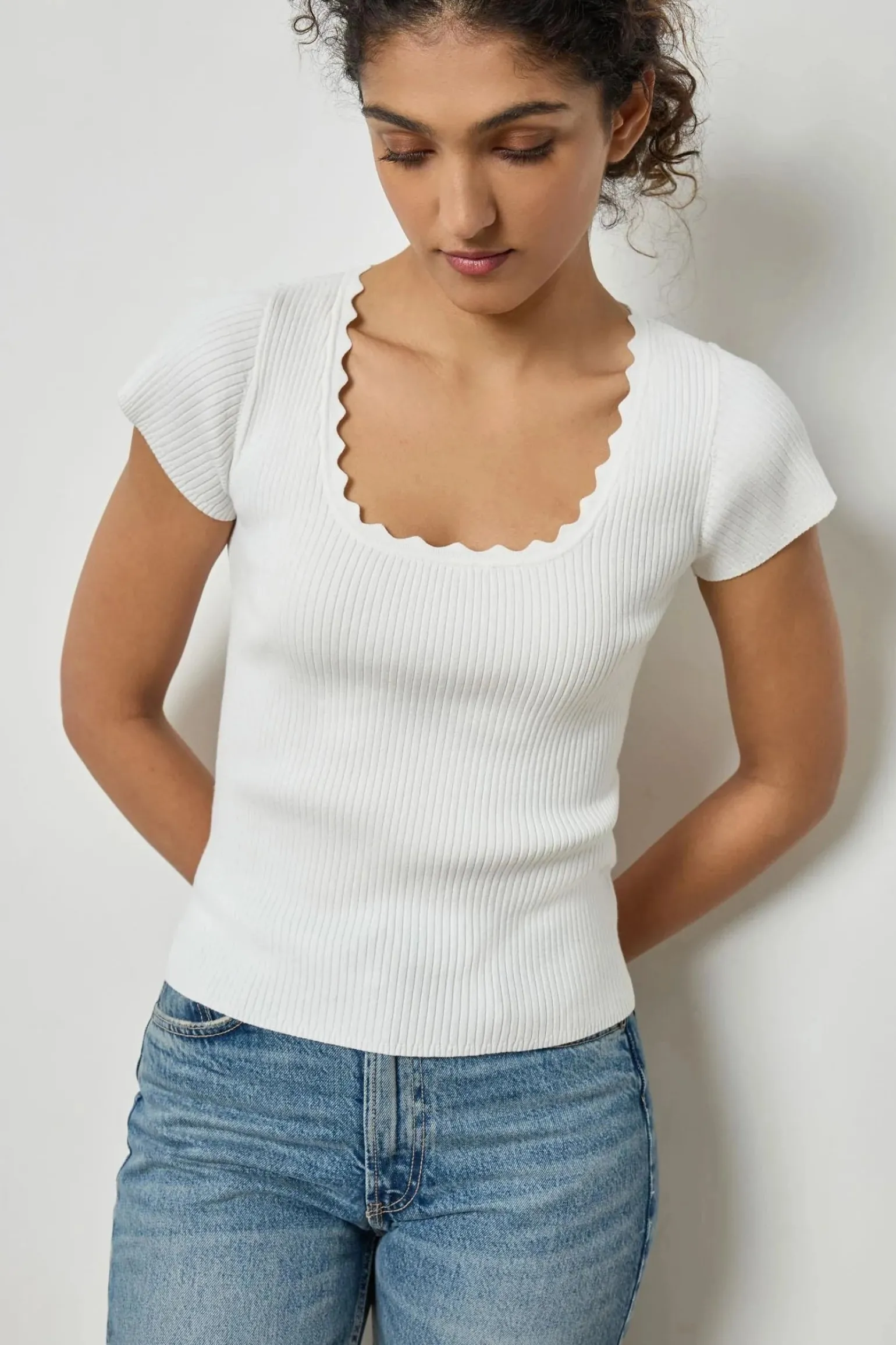 Cap Sleeve Scallop Neck Sweater White