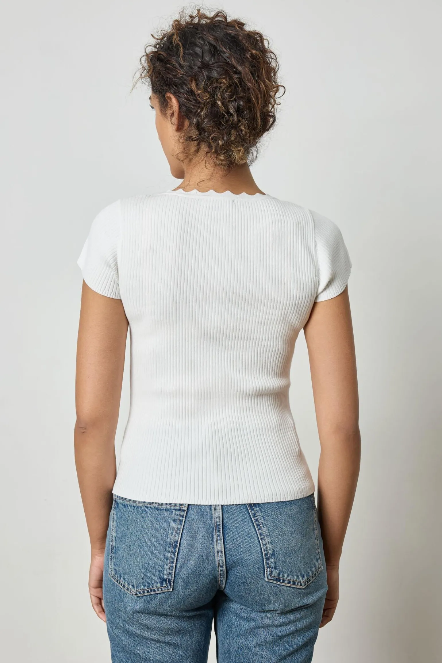 Cap Sleeve Scallop Neck Sweater White