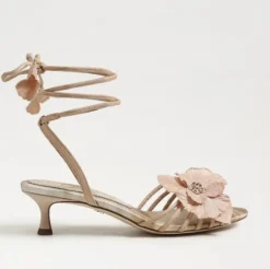 Carla Lace Up Kitten Heel Ecru Beige Silk