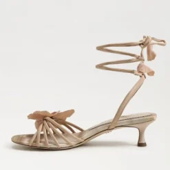 Carla Lace Up Kitten Heel Ecru Beige Silk
