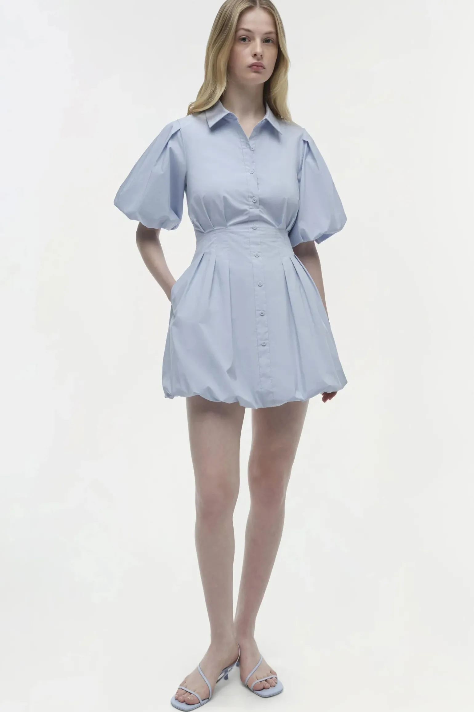 Cleo Balloon Pintuck Mini Dress Periwinkle Sky