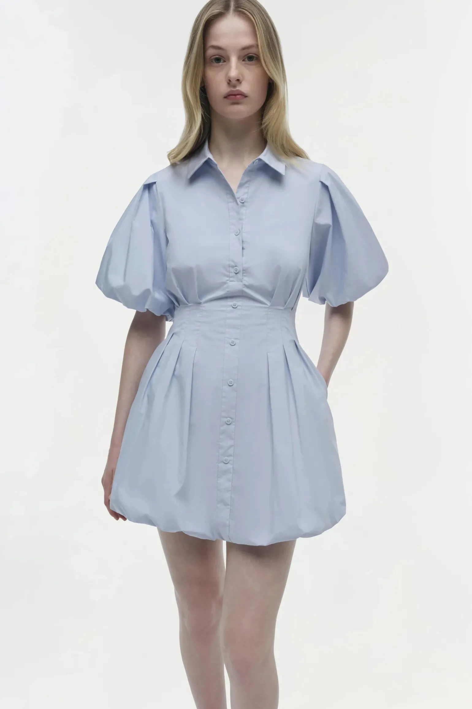 Cleo Balloon Pintuck Mini Dress Periwinkle Sky