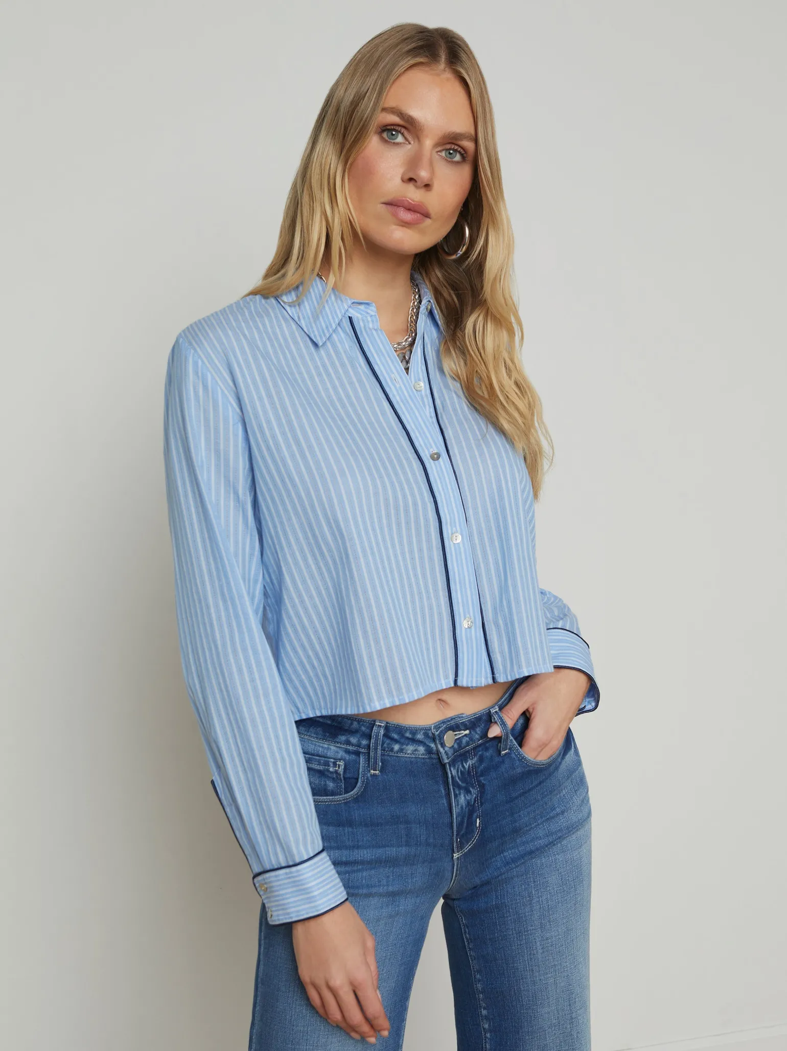 Cosette Button-Down Shirt Slate Blue/Ivory Stripe