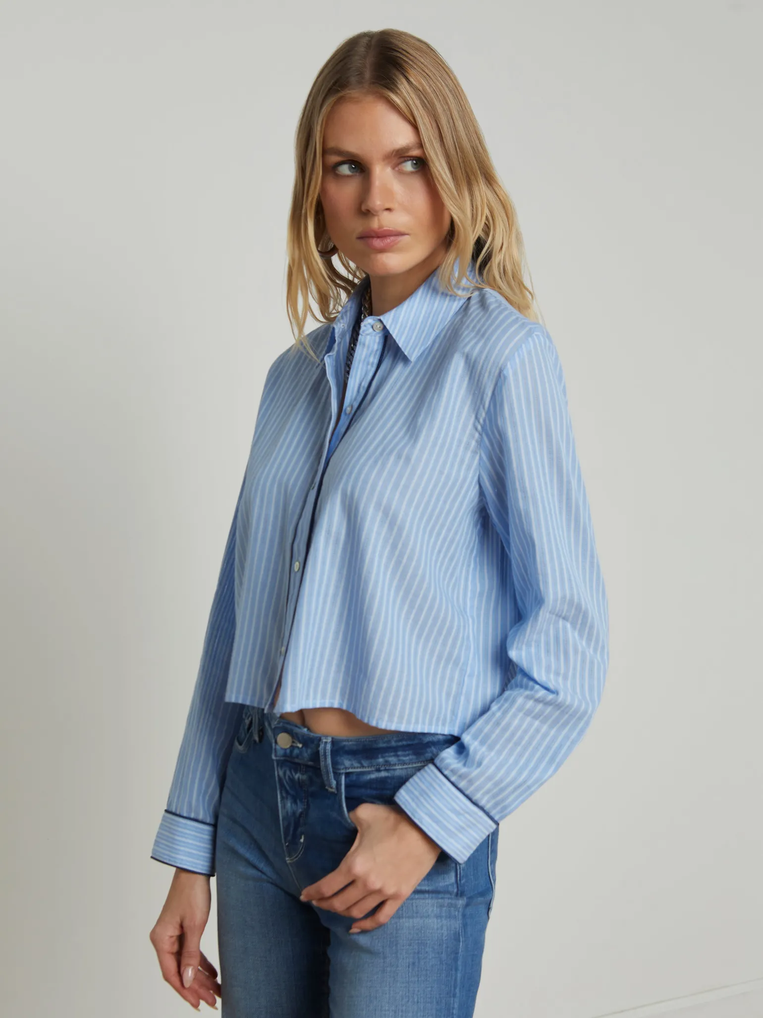 Cosette Button-Down Shirt Slate Blue/Ivory Stripe