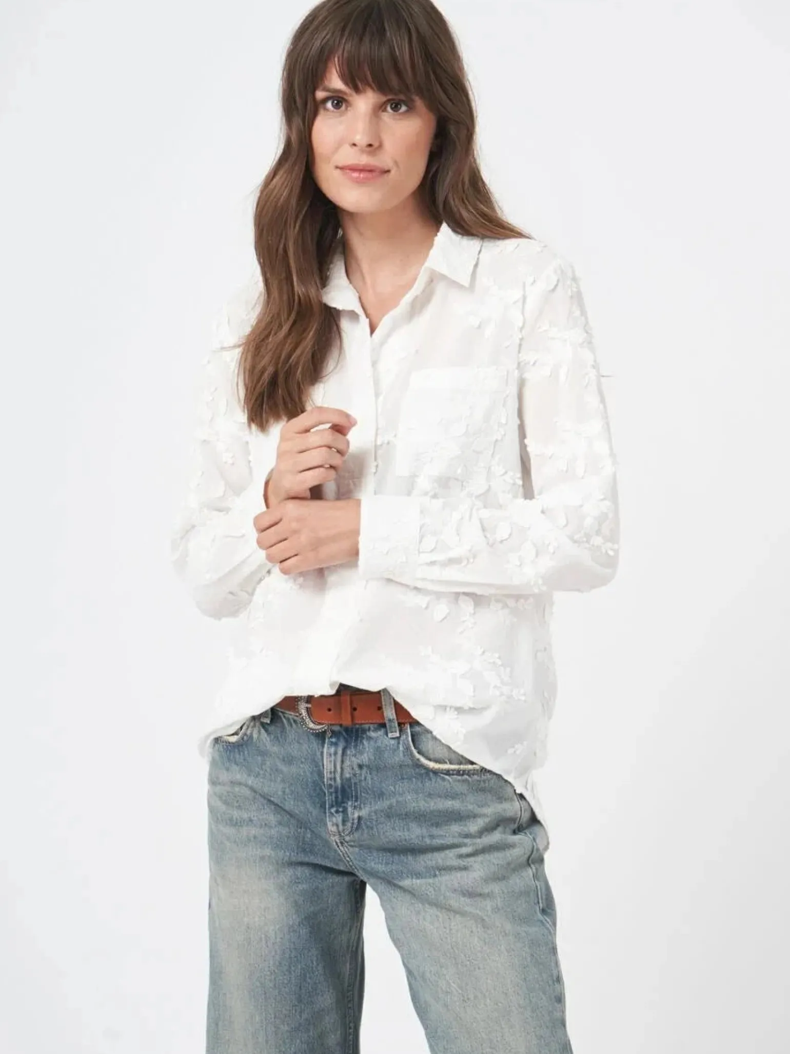 Cotton Shirt Embroidered Flowers Cream