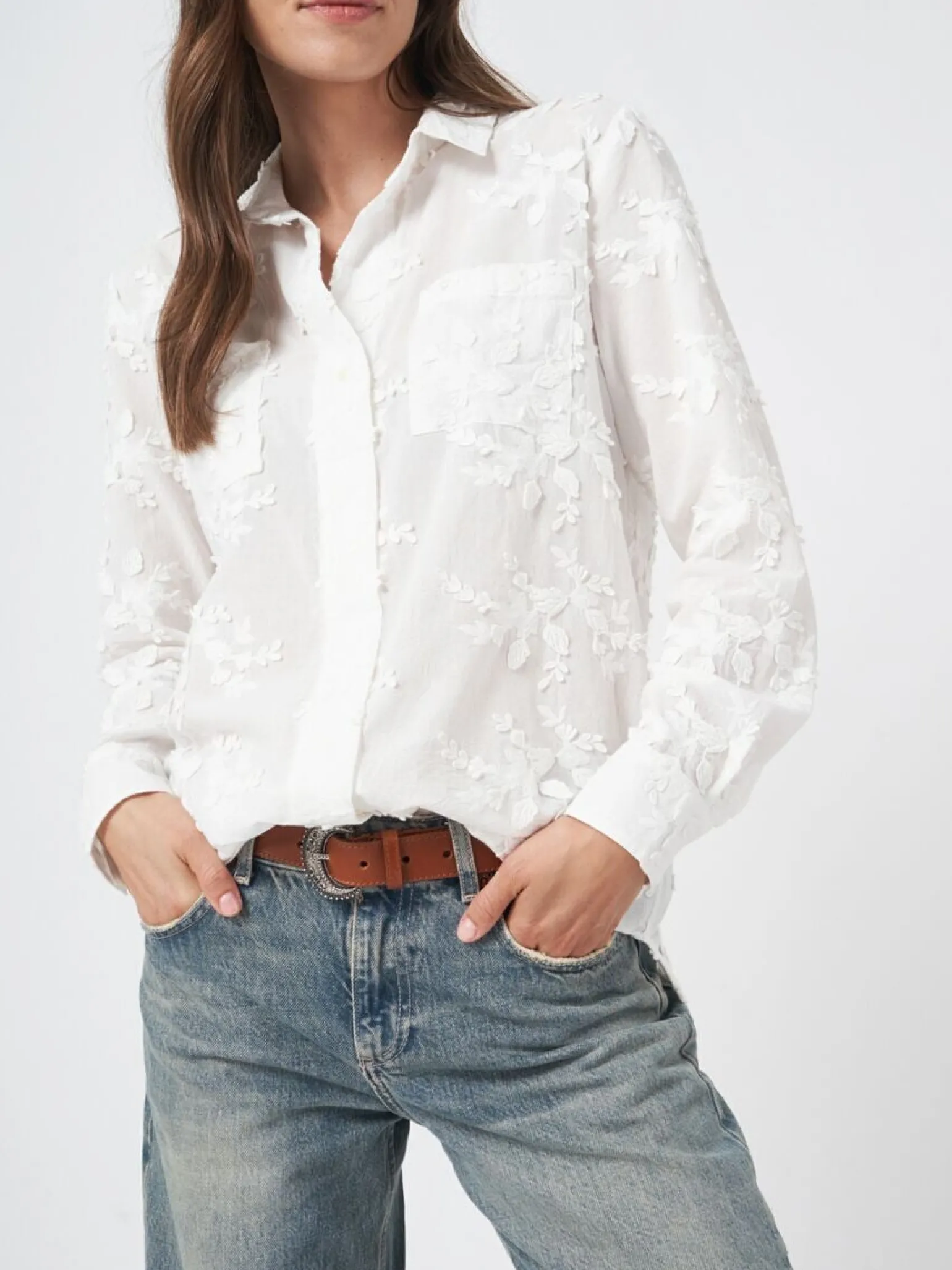 Cotton Shirt Embroidered Flowers Cream