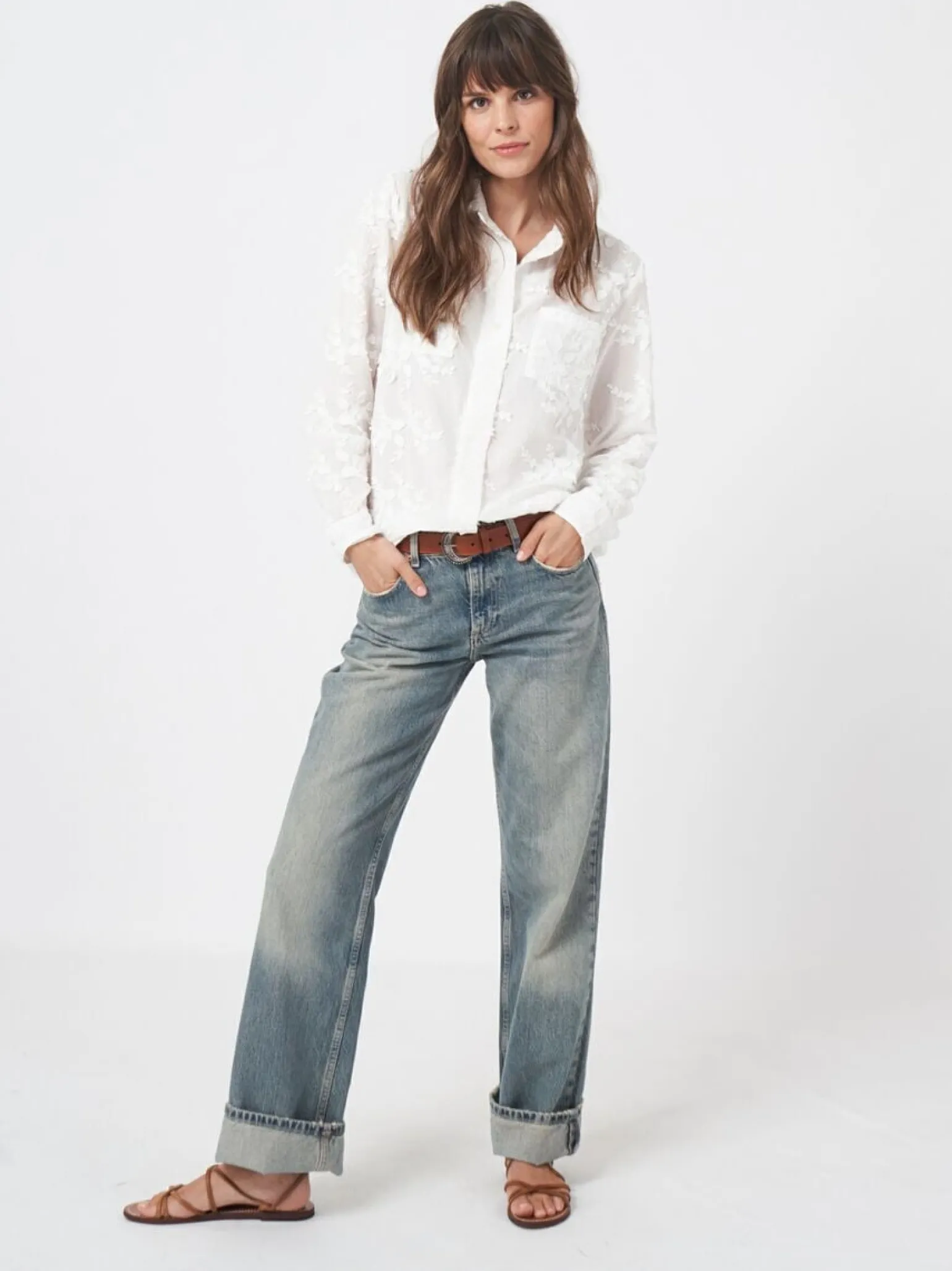 Cotton Shirt Embroidered Flowers Cream