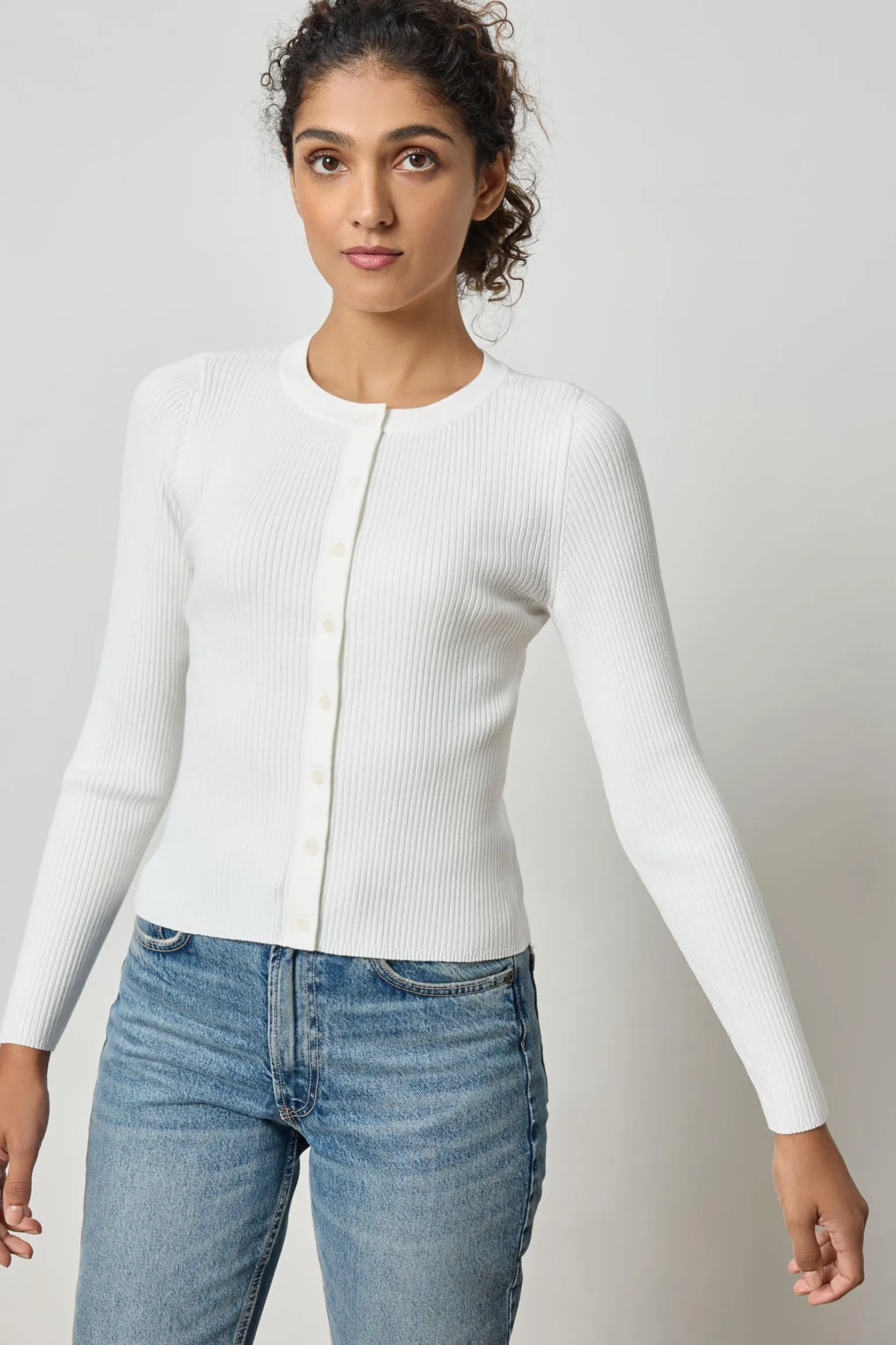 Cropped Ribbed Cardigan White