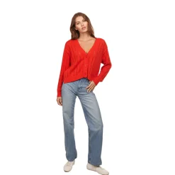 Cropped V-Neck Cardi Pointelle Ladder Stitch Apple