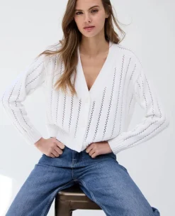 Cropped V-Neck Cardi Pointelle Ladder Stitch Bleach White