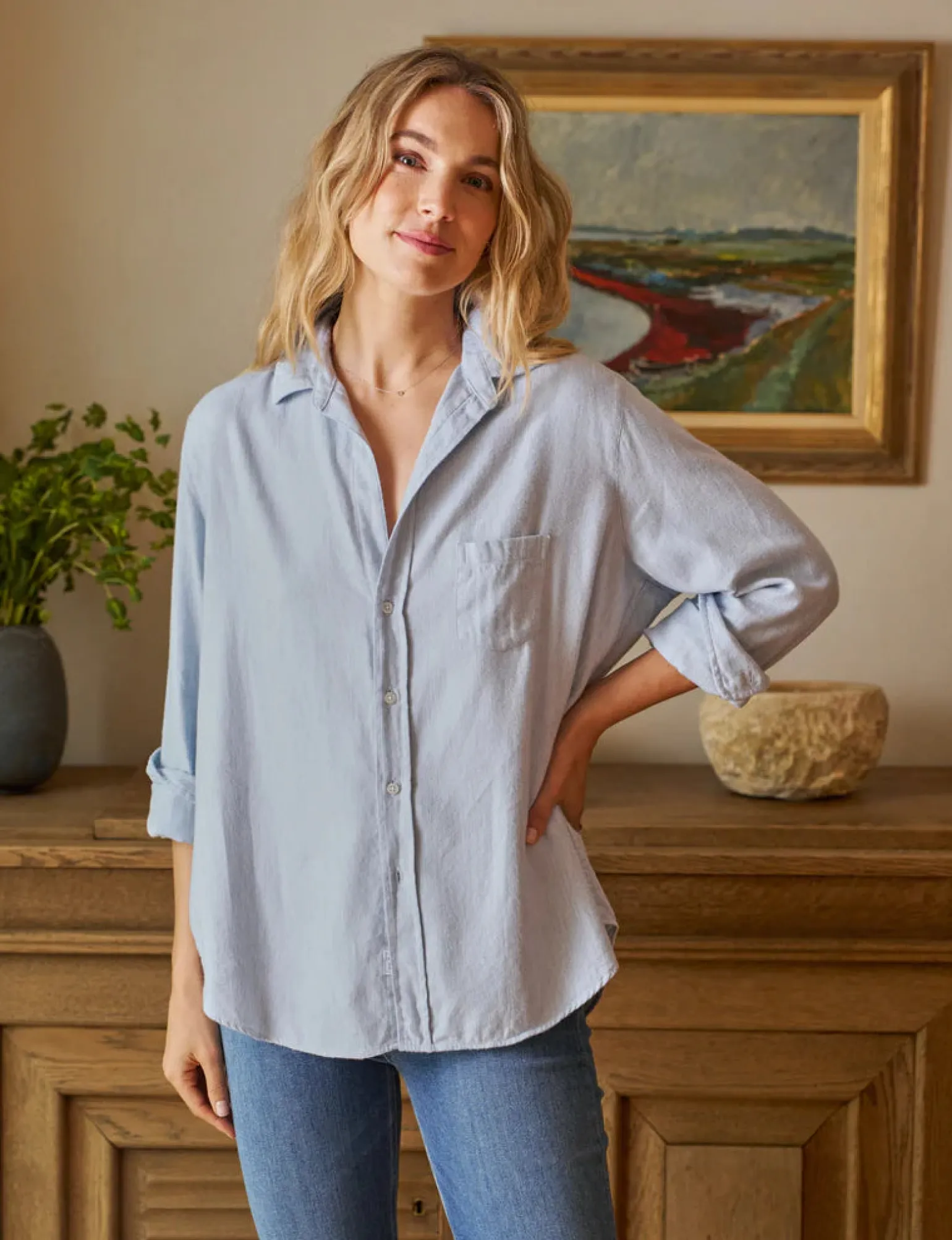 Eileen Relaxed Button Up Gray Blue