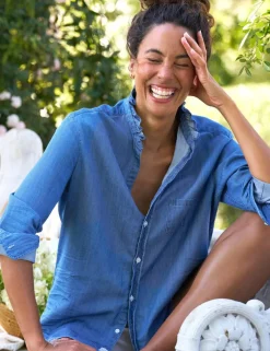 Eileen Ruffle Relaxed Button-Up Shirt Vintage Stonewashed Indigo