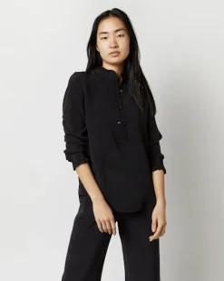 Frill Blouse Black Silk Crepe de Chine
