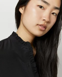 Frill Blouse Black Silk Crepe de Chine