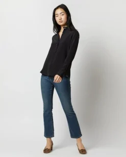 Frill Blouse Black Silk Crepe de Chine