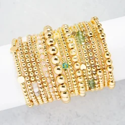 Gold 3mm Ball Bracelet Rectangle Beads