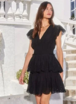 Isla Embroidered Tiered Dress Black