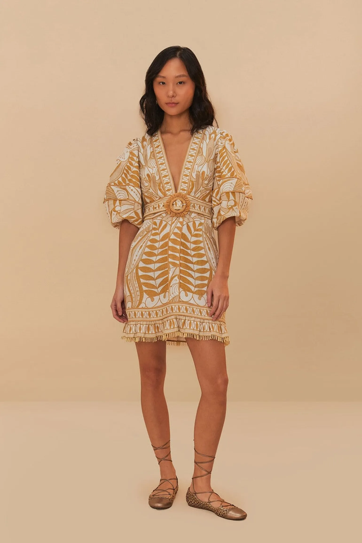 Lace Nature Mini Dress Short Sleeve Off-White