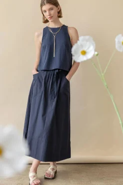 Long Poplin Skirt Navy