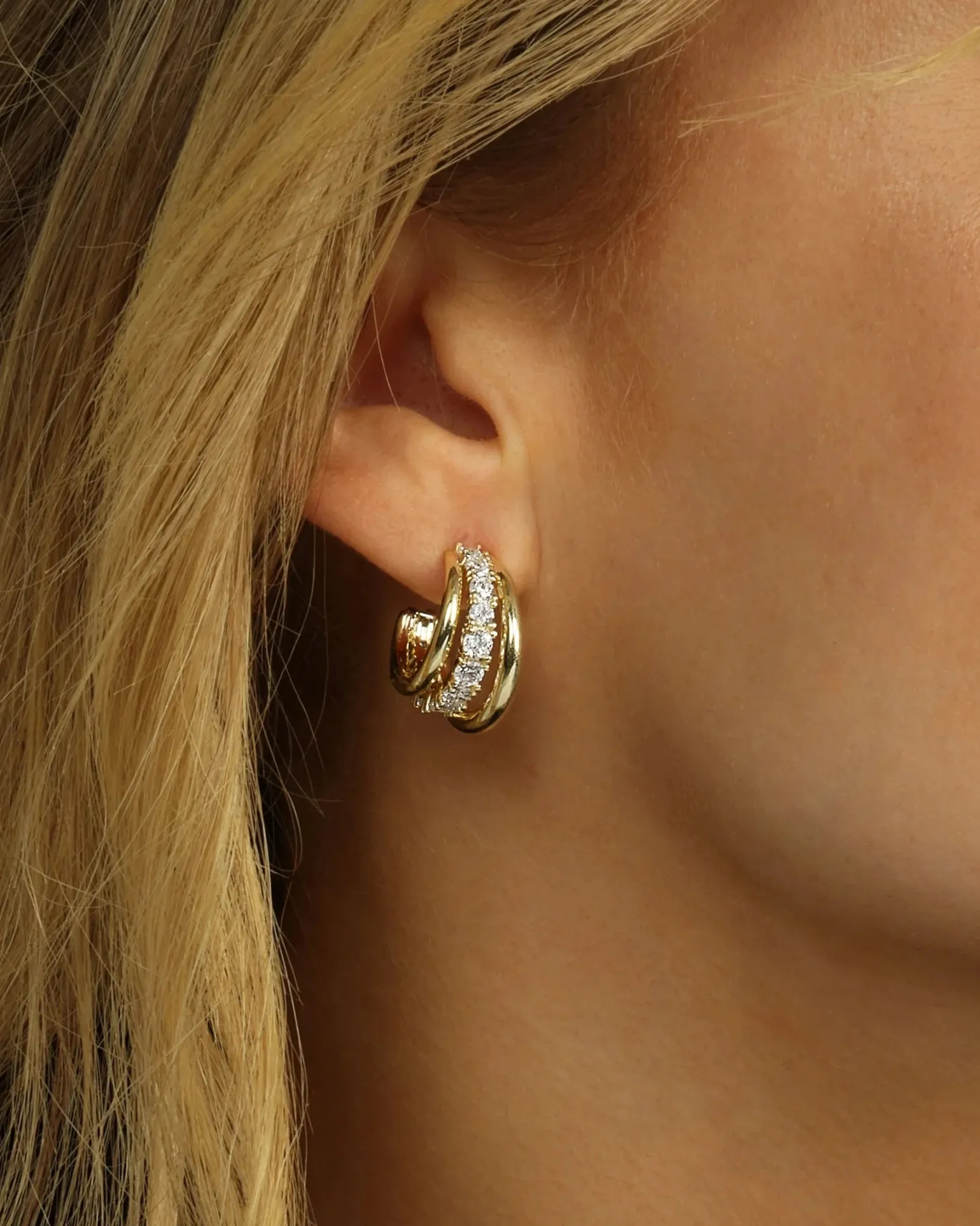 Oh She Fancy Smooth & Diamond Hoops Gold