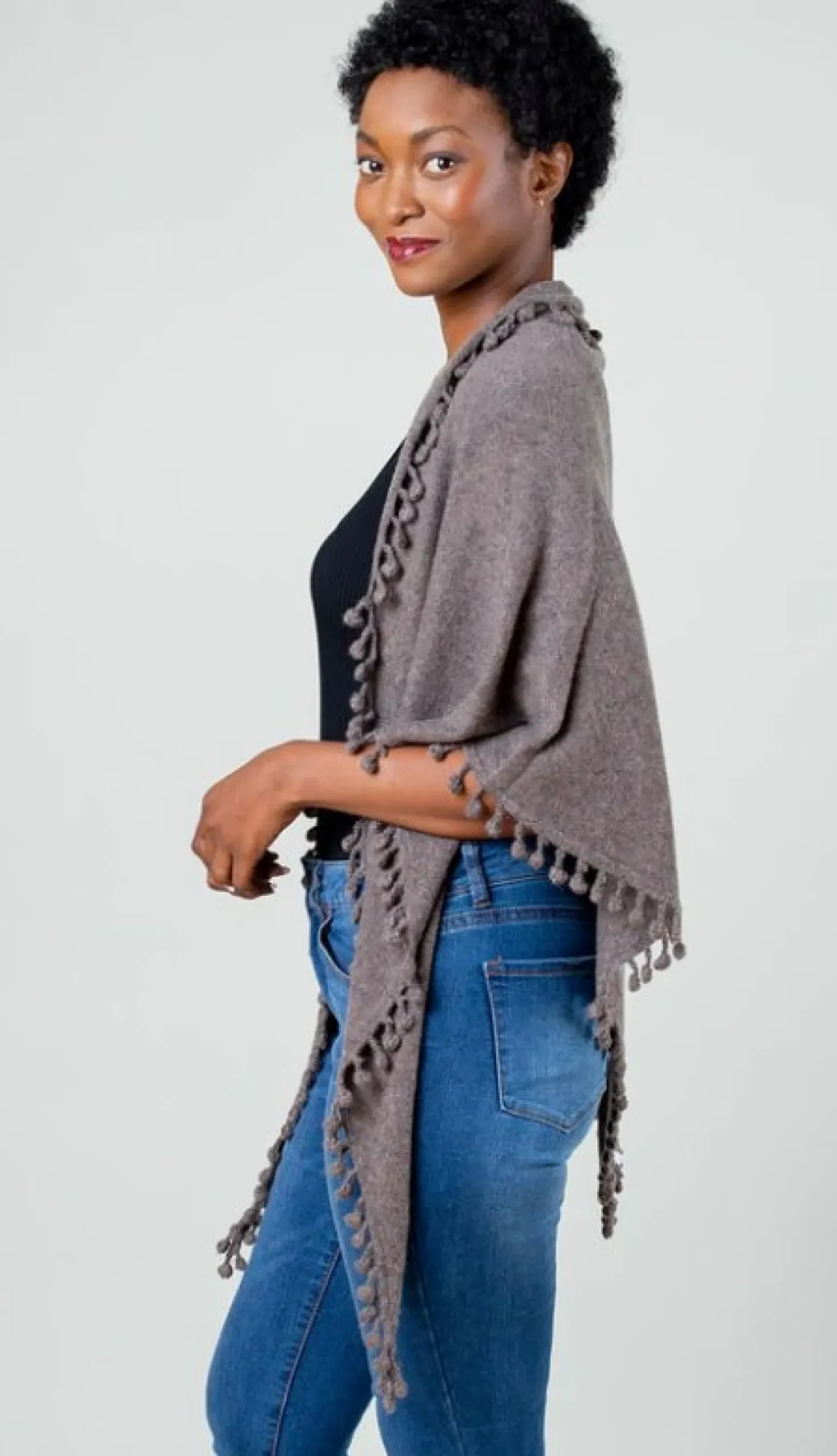 Pom Pom Triangle Wrap Walnut