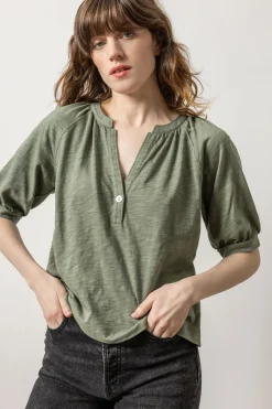 Shirred Split Neck Raglan Agave