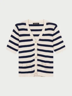 Short Sleeve Rib Knit Striped Cardigan Ivory