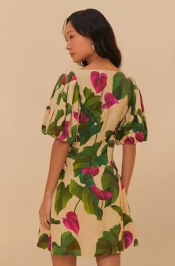 Short Sleeve Square Neckline Dress Anthurium Leaves & Sand
