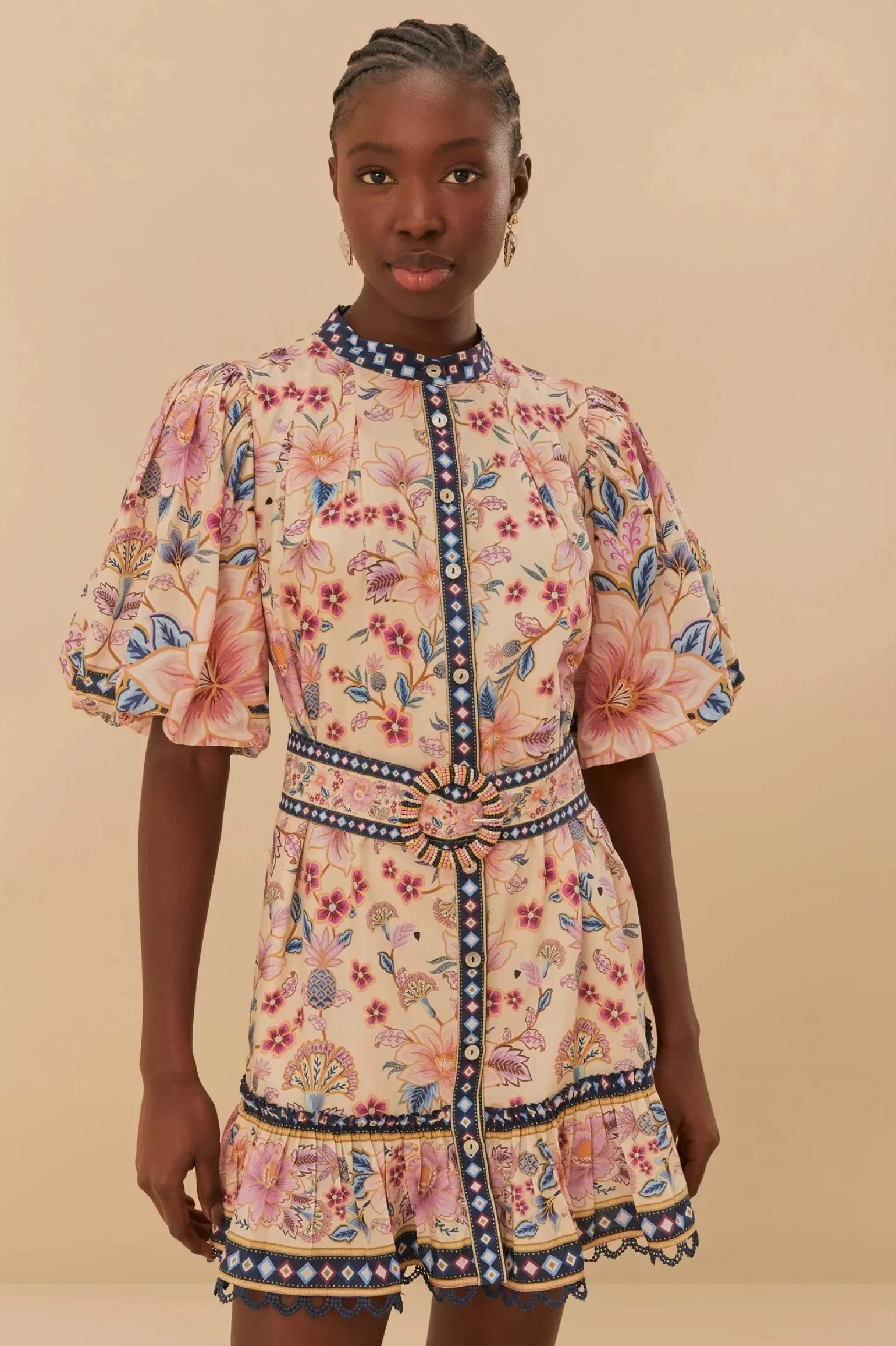 Superbloom Tapestry Puff Sleeve Mini Dress Cream