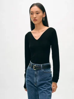 Superfine Merino Ribbed V-Neck Top Black