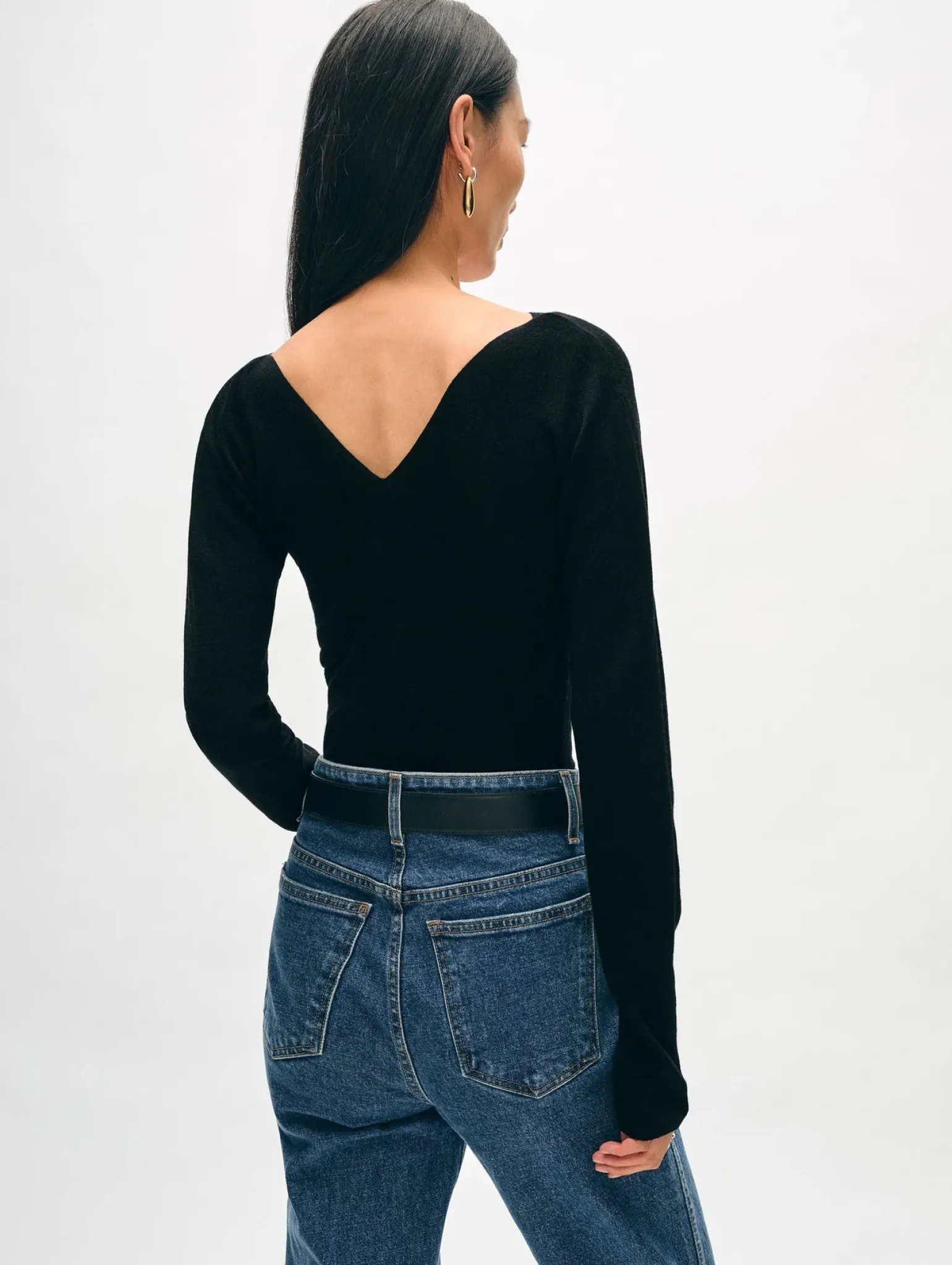 Superfine Merino Ribbed V-Neck Top Black