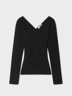 Superfine Merino Ribbed V-Neck Top Black