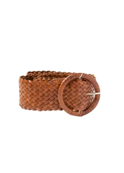 Wrapped Leather Belt Circle Buckle Tan