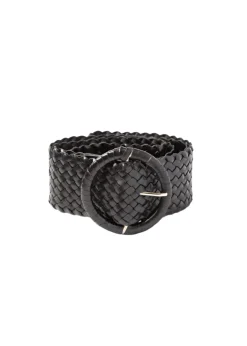 Wrapped Leather Belt Circle Buckle Black